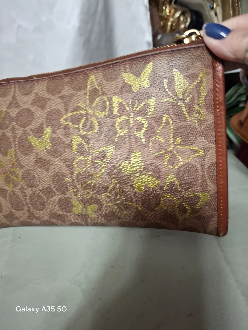 Coach Brown Leather Wristlet with Gold Butterfly Print Custom Paint